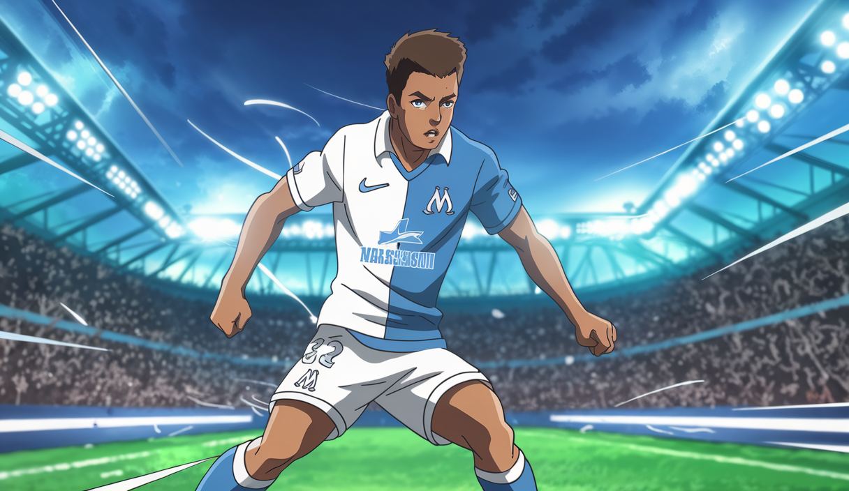 Portrait artistique d'Amir Murillo en tenue de l'OM
