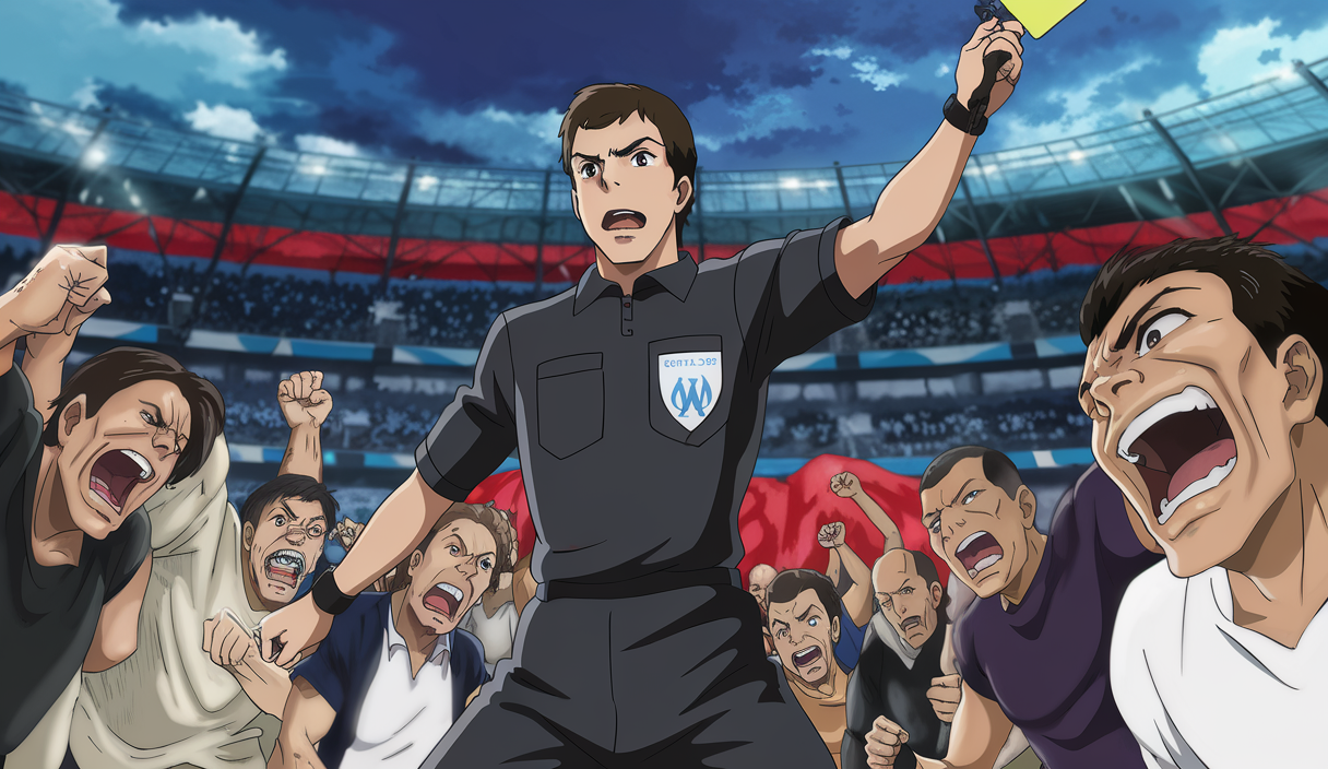 Un arbitre de football avec des supporters en arrière-plan