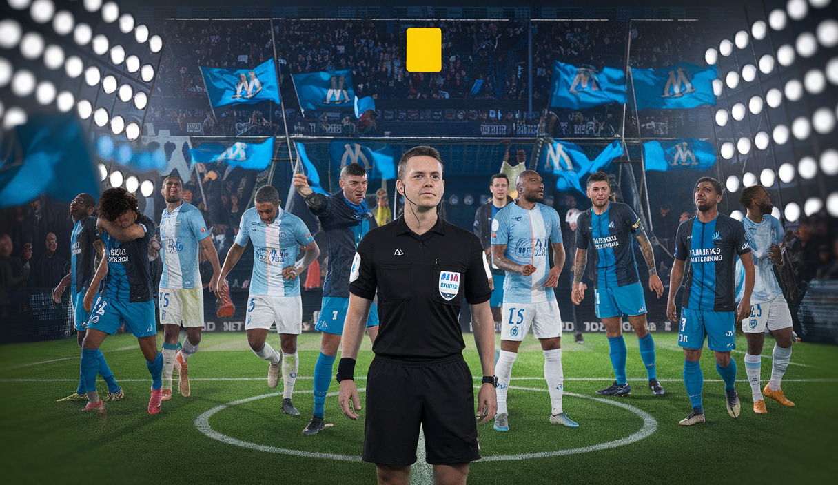 Un arbitre de football entouré de joueurs de l'Olympique de Marseille, exprimant des émotions intenses sur le terrain.