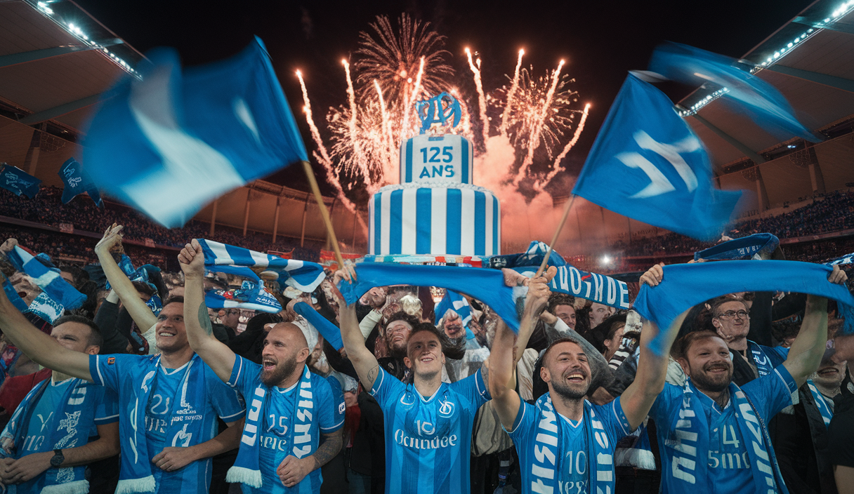 Supporters de l'Olympique de Marseille célébrant avec ferveur le 125ème anniversaire du club