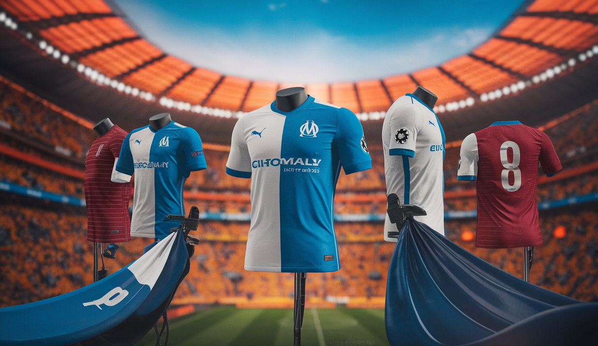 Nouveaux maillots de l'OM pour la saison 2025/26 sur fond dynamique