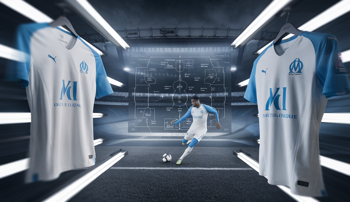 Maillots de l'OM et stratégies de mercato illustrés avec dynamisme
