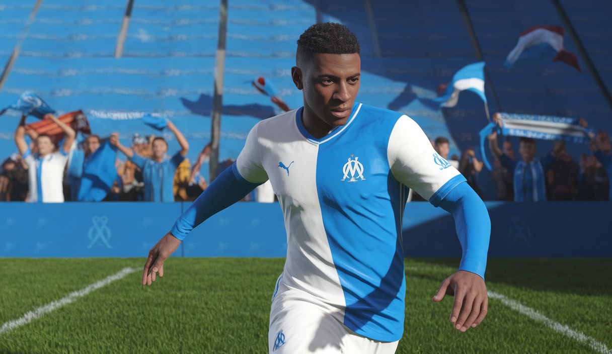 Visuel vibrant des performances de l'Olympique de Marseille avec Amine Gouiri captivant les supporters