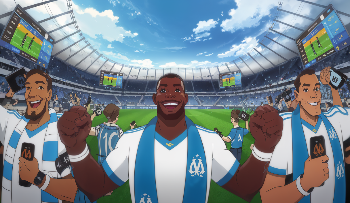 Supporters de l'OM engagés grâce aux dispositifs interactifs Garmin dans un stade vibrant