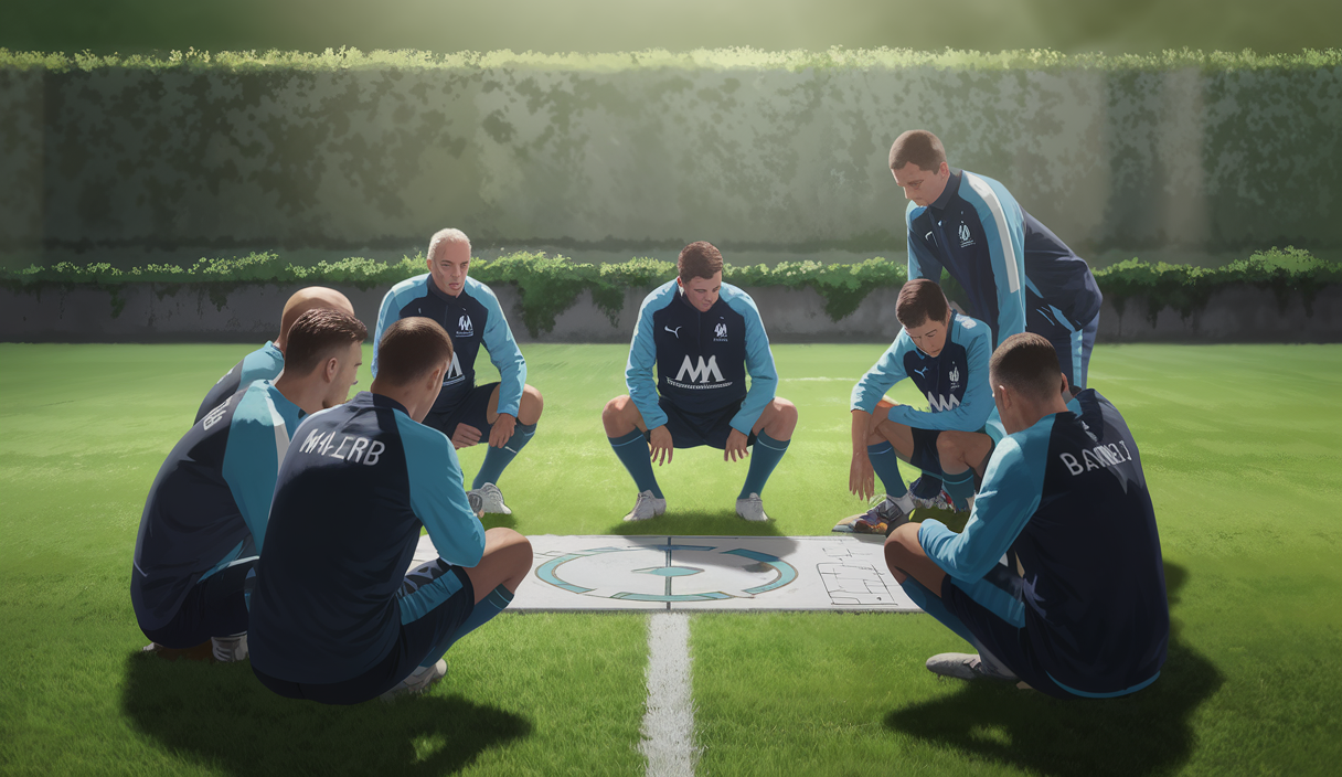 Joueurs de l'OM en préparation tactique lors d'une mise au vert