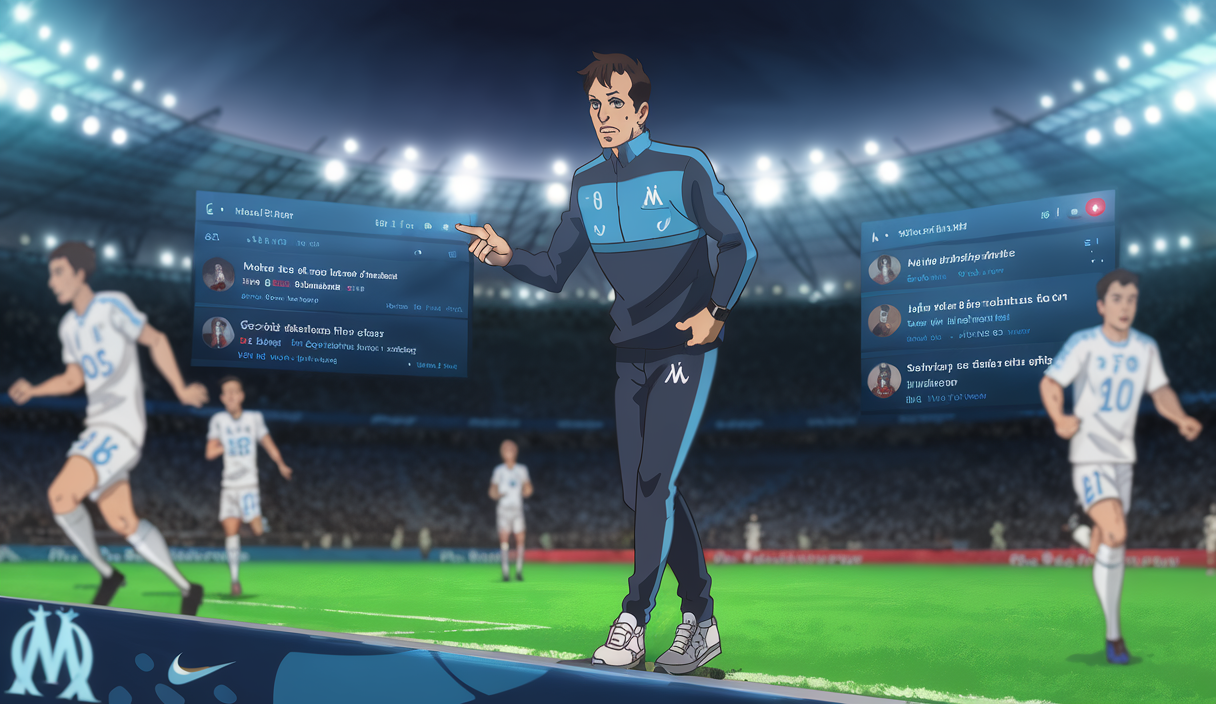 Portrait dynamique de Roberto De Zerbi en pleine analyse tactique à l'OM
