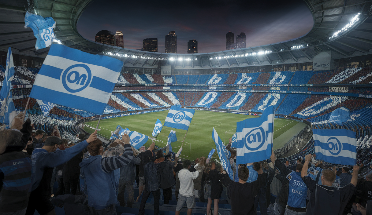 Illustration vibrante de tifos créatifs des supporters de l'OM lors d'un match.