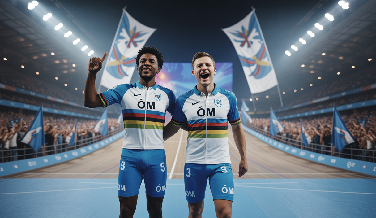 Illustration de la qualification de l'OM en Ligue des Champions 2025 avec Gouiri et Greenwood célébrant sur le terrain.