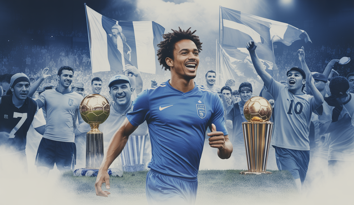 Portrait captivant d'Amine Gouiri entouré de trophées, vibrant de l'énergie des supporters.