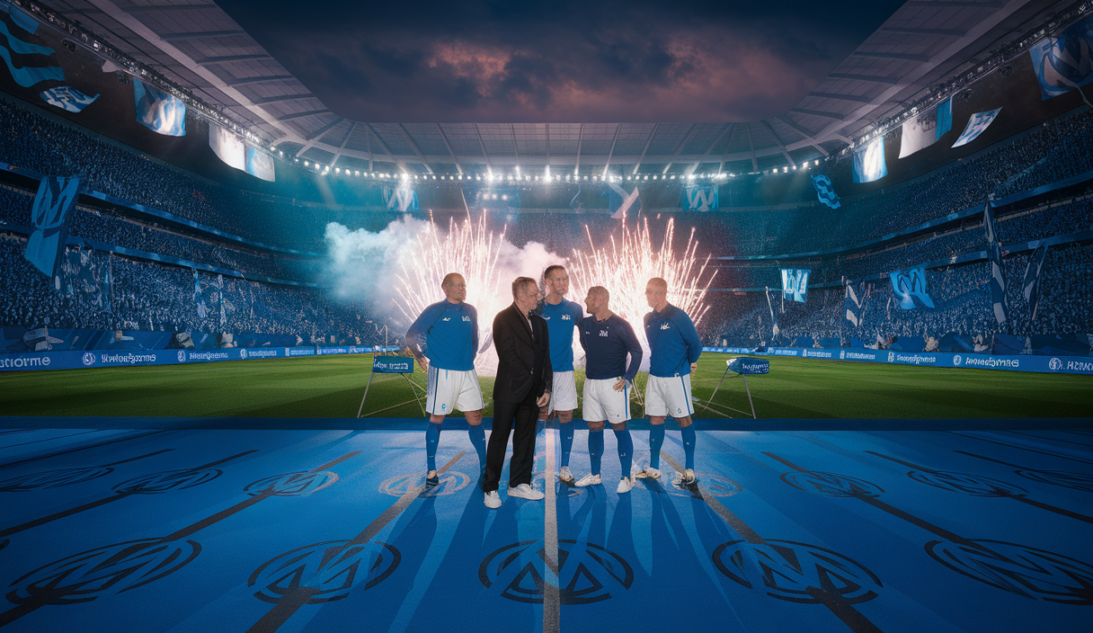 Scène vibrante célébrant les 125 ans de l'OM avec d'anciens joueurs légendaires.