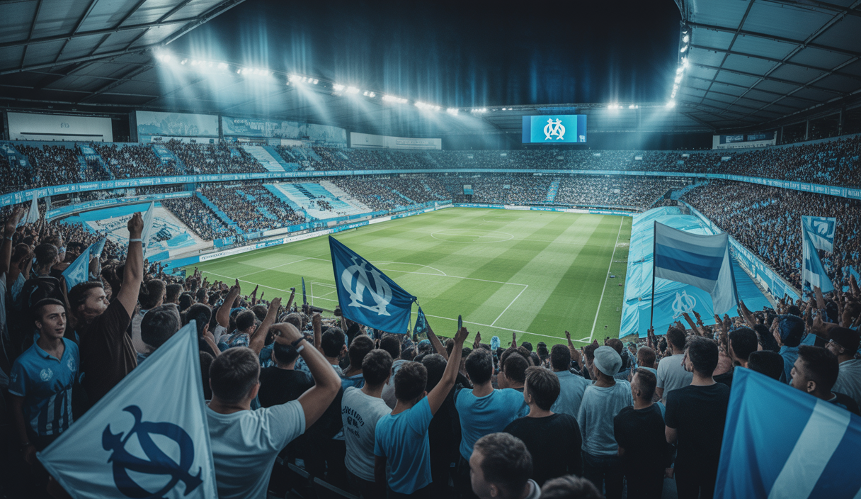 Stade de football de l'Olympique de Marseille plein à craquer avec des milliers de supporters.