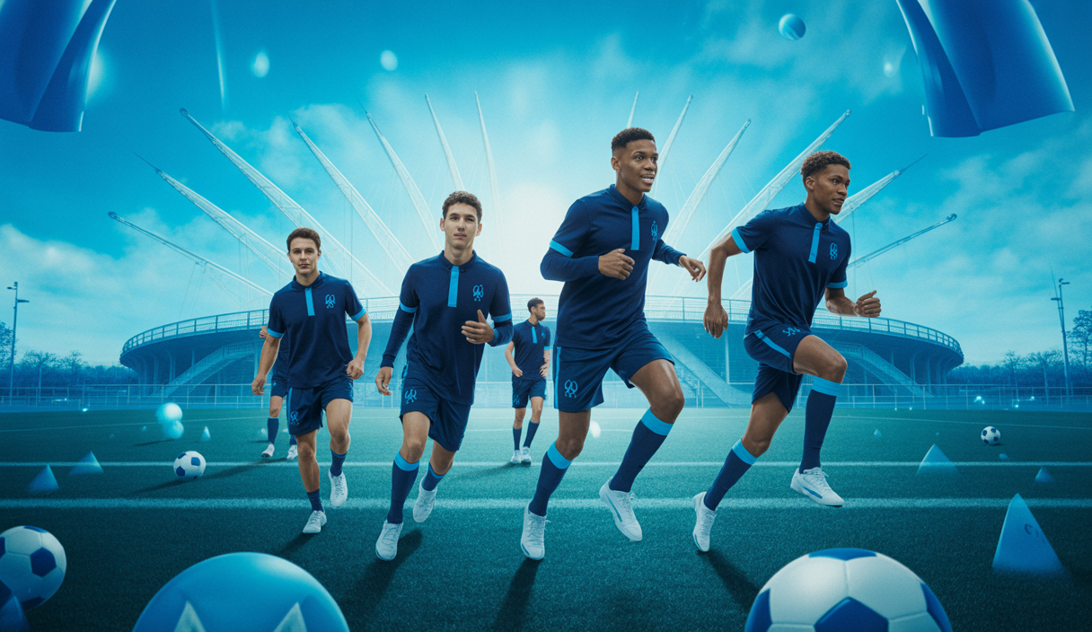 Scène dynamique illustrant l'intégration de jeunes talents dans l'équipe de football de l'Olympique de Marseille.