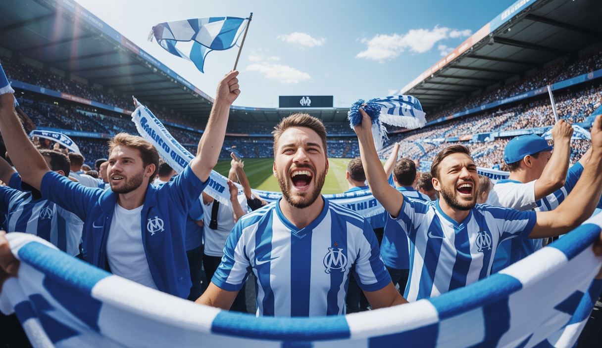 Supporters de l'Olympique de Marseille célébrant leur équipe dans un stade vibrant.