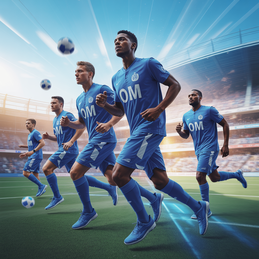 Joueurs de l'OM s'entraînant pour la saison 2025, ambiance dynamique et professionnelle