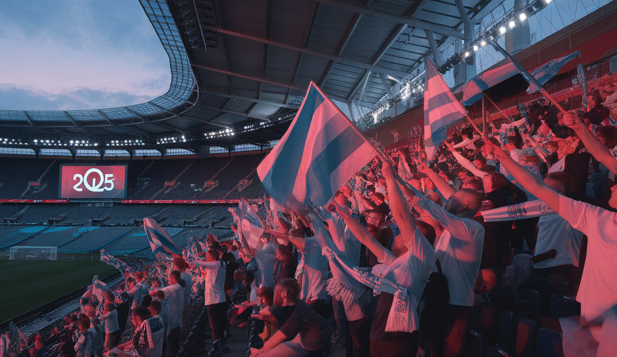 Vue dynamique d’un stade de football rempli de supporters enthousiastes de l'OM en 2025