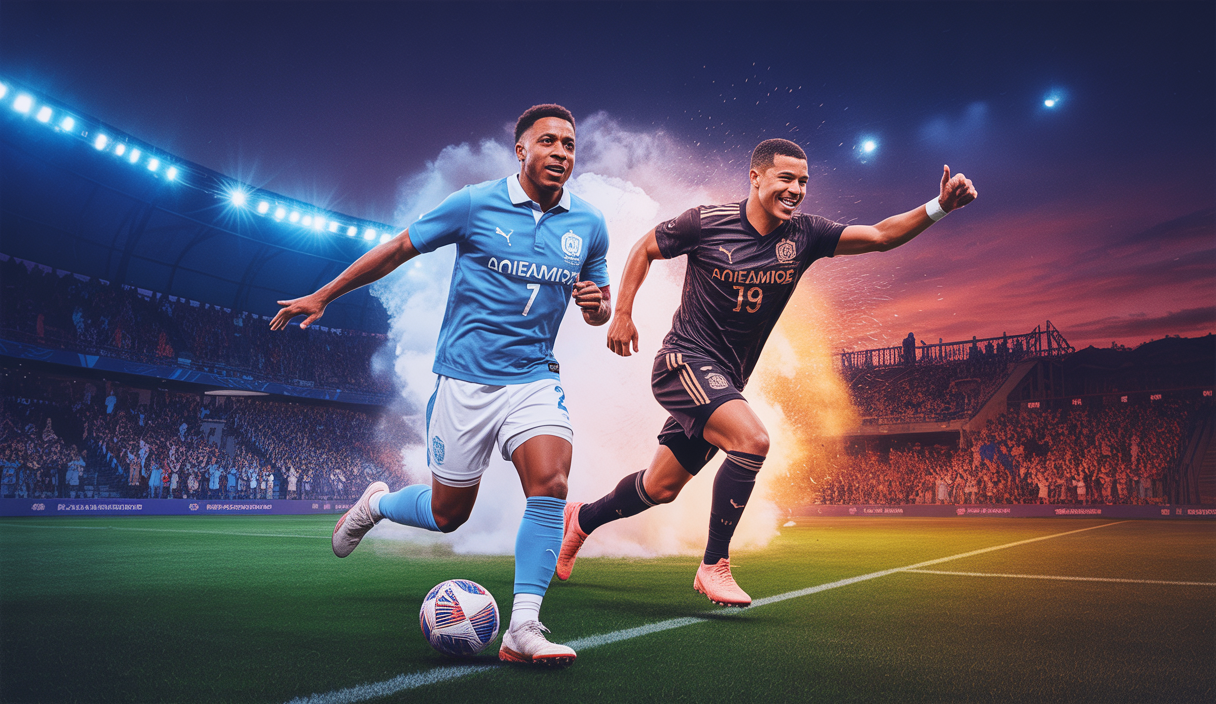 Représentation vibrante de la qualification en Ligue des Champions 2025 avec Amine Gouiri, Mason Greenwood et l'OM