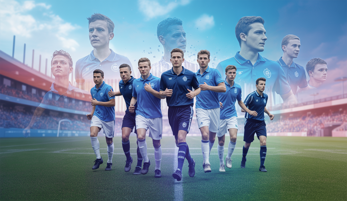 Illustration dynamique d'une équipe de football en formation 4-3-3 avec jeunes talents et stratégie tactique