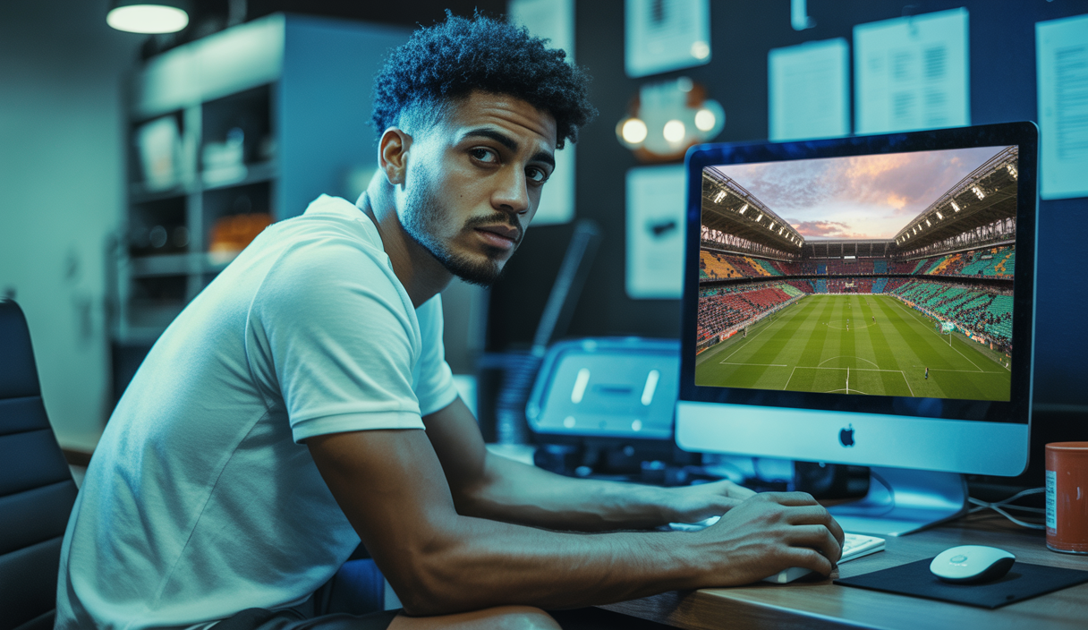 Azzedine Ounahi regardant un écran d'ordinateur montrant un stade de football européen, symbolisant son ambition de jouer dans un championnat plus compétitif.