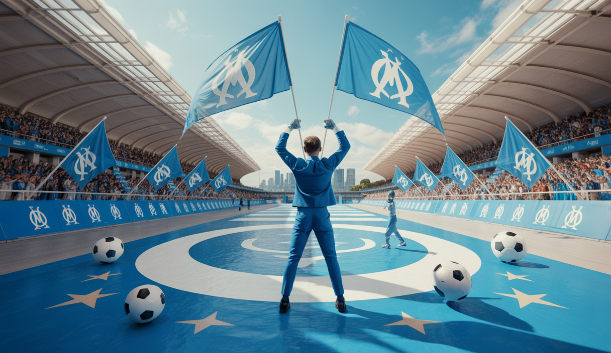 Scène vibrante capturant l'ambition de l'Olympique de Marseille pour la Ligue des Champions