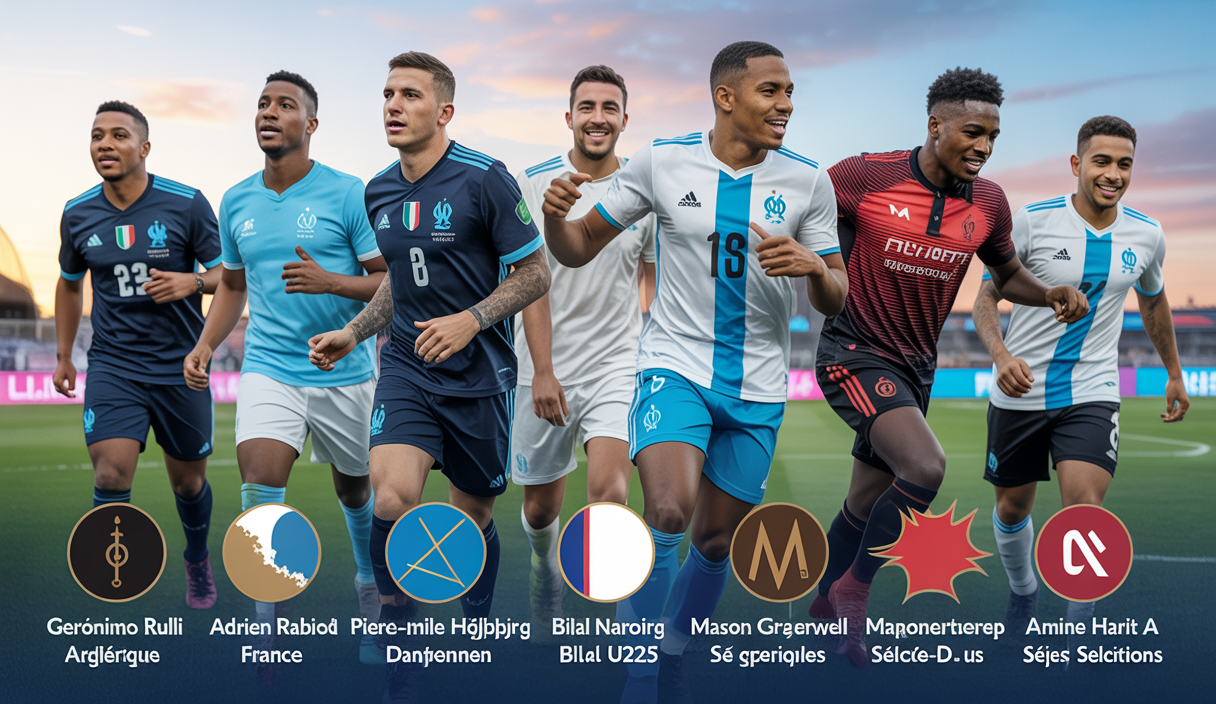 Collage dynamique montrant plusieurs joueurs de l'Olympique de Marseille en tenue de leurs équipes nationales respectives en 2025, avec graphiques de performance et ambiance de stade vibrant.