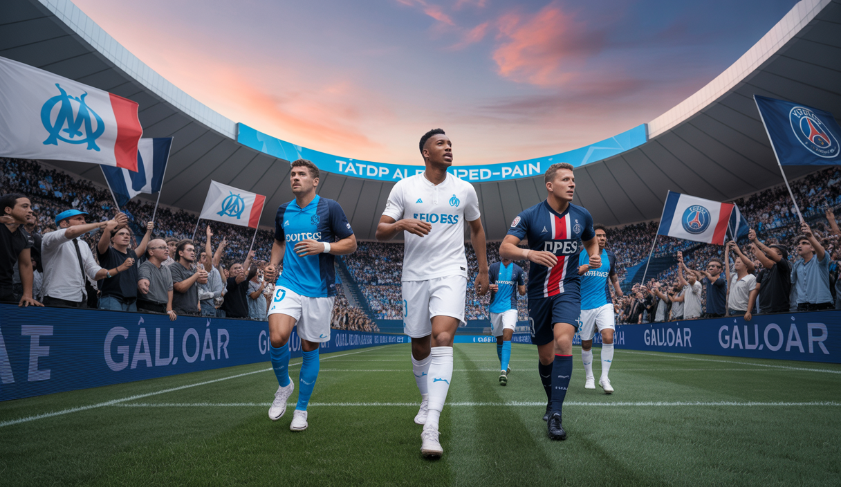 Stade Vélodrome vibrant lors d'un match intense entre l'Olympique de Marseille et le Paris Saint-Germain en 2025, capturant la passion des supporters et l'intensité du Classique du football français