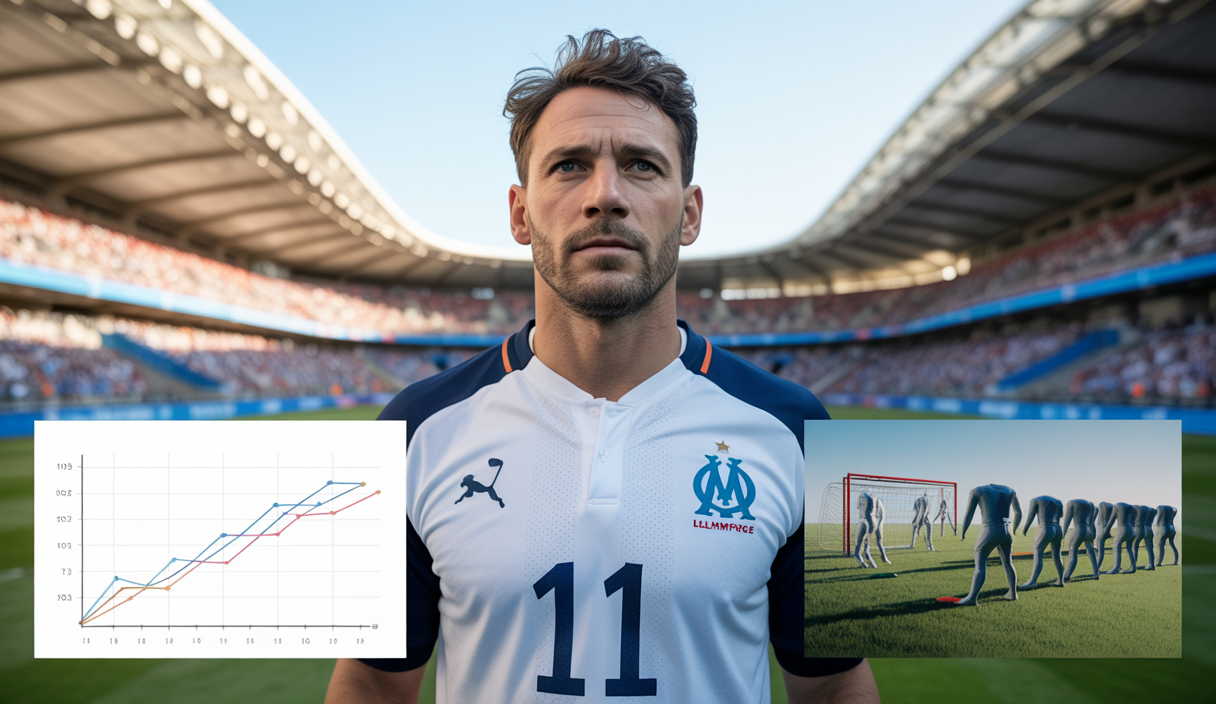 Portrait de Samuel Gigot en maillot de l'Olympique de Marseille avec un arrière-plan évoquant le stade Vélodrome et des graphiques financiers illustrant l'impact stratégique de son transfert.