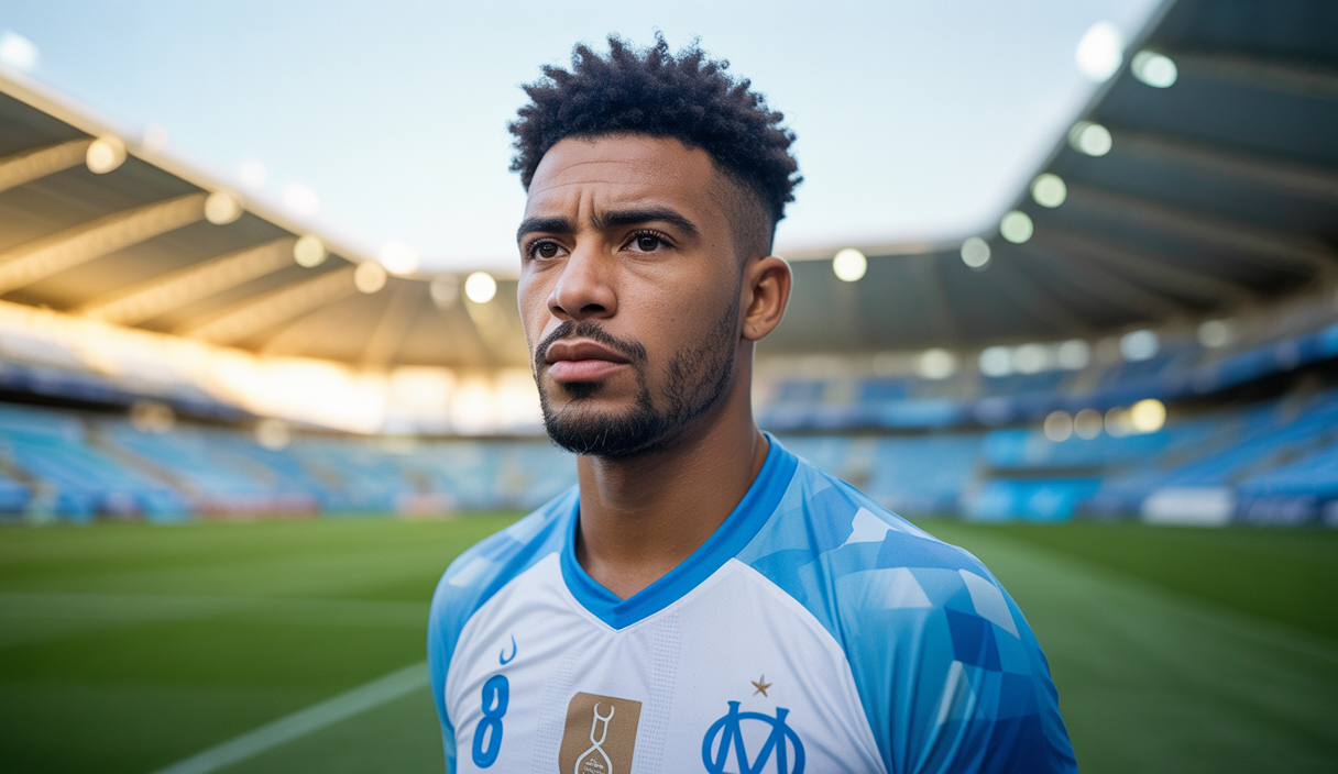 Portrait d'Azzedine Ounahi en tenue de joueur de football de l'Olympique de Marseille sur un fond flou de stade, exprimant la concentration et la détermination.