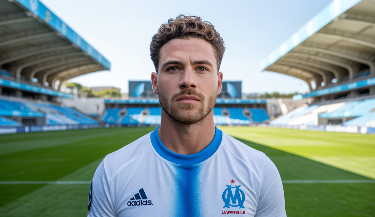 CJ Egan-Riley en tenue d'entraînement de l'Olympique de Marseille sur le terrain, prêt pour la saison de Ligue des Champions 2025-2026