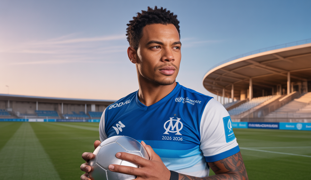 Portrait réaliste de Dodô, latéral droit brésilien en tenue de football de l'Olympique de Marseille, sur un terrain de football sous un ciel de fin d'après-midi