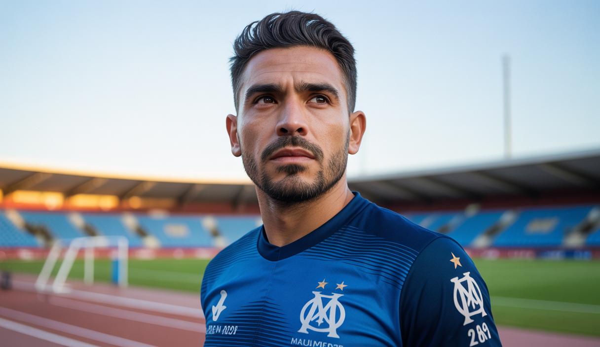 Facundo Medina, défenseur argentin de 26 ans, en maillot de football de l'Olympique de Marseille sur un terrain lors d'une séance d'entraînement en extérieur sous un ciel clair