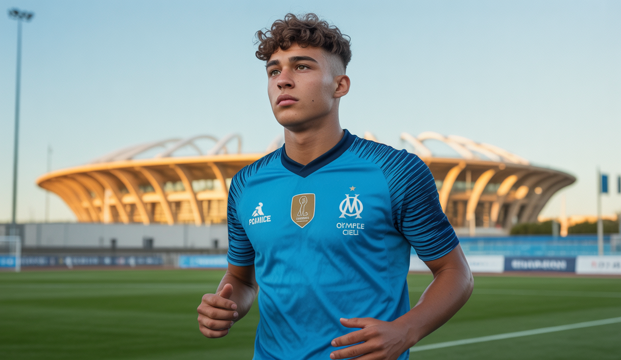 Portrait de Félix Bienck, jeune latéral gauche prometteur de 18 ans recruté par l'Olympique de Marseille, en tenue sportive avec le logo de l'OM