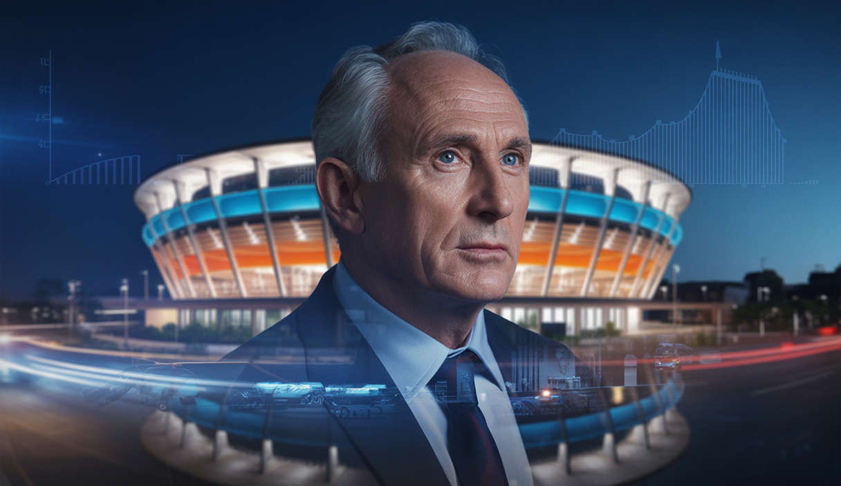 Frank McCourt, propriétaire américain de l’Olympique de Marseille, debout avec un fond représentant le stade Orange Vélodrome illuminé, symbolisant son engagement financier fort pour la compétitivité du club en 2025