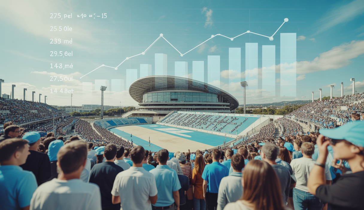 Vue dynamique du stade Vélodrome de Marseille sous un ciel clair, avec des graphiques financiers stylisés en arrière-plan symbolisant la gestion financière stricte du club Olympique de Marseille.