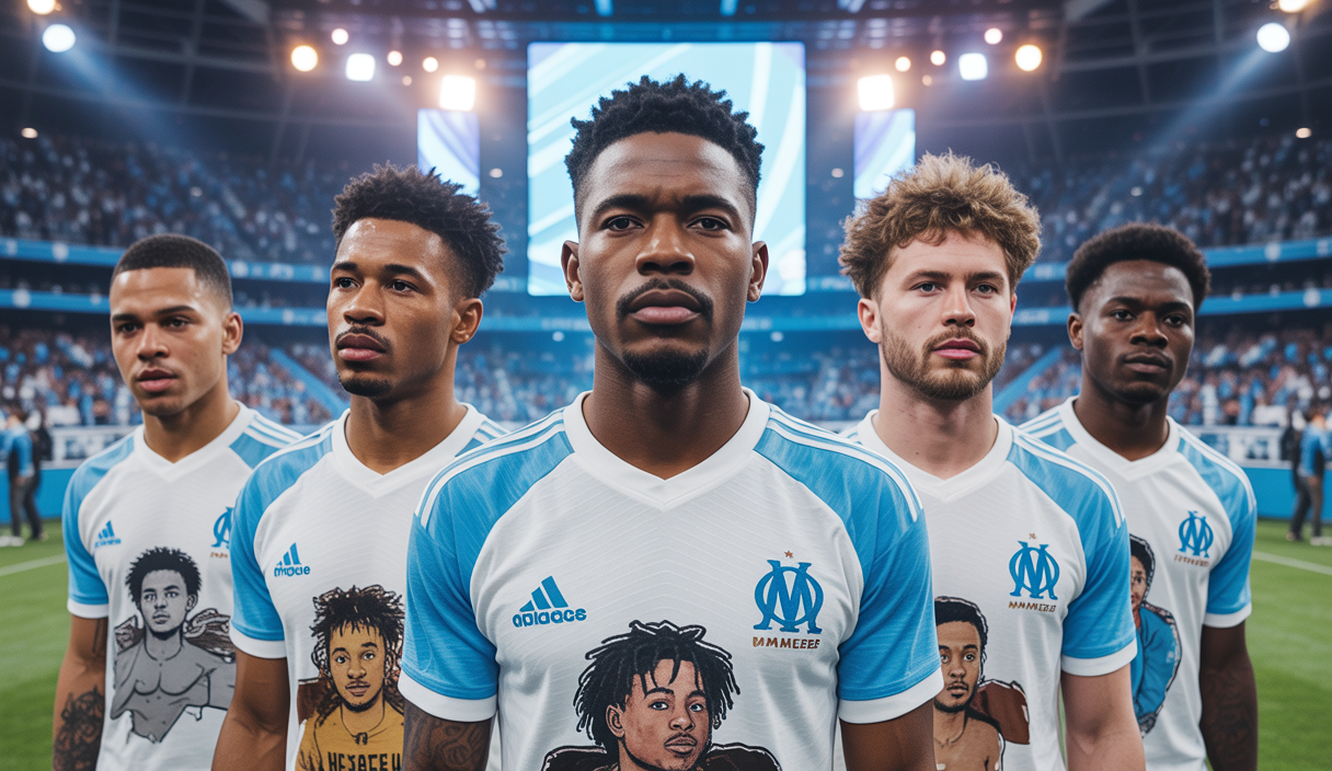 Portraits des joueurs de l'Olympique de Marseille en action, entourés d'ondes musicales colorées représentant leurs goûts musicaux, au Stade Vélodrome vibrant de supporters enthousiastes