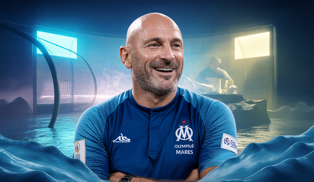 Fabien Barthez souriant en maillot de l'Olympique de Marseille, célébrant son 54e anniversaire avec un fond dynamique aux couleurs bleu et blanc de l'OM