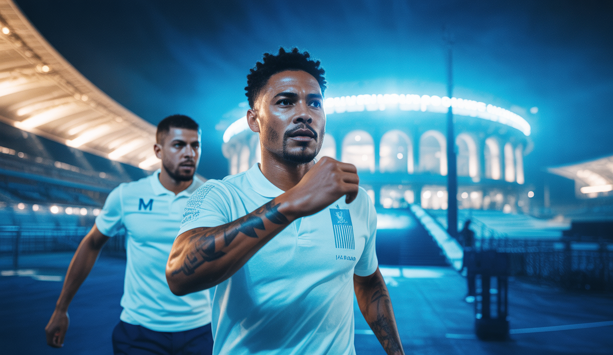 Illustration dynamique et colorée de l'Olympique de Marseille, focalisée sur Igor Paixão sous la direction de Roberto De Zerbi.