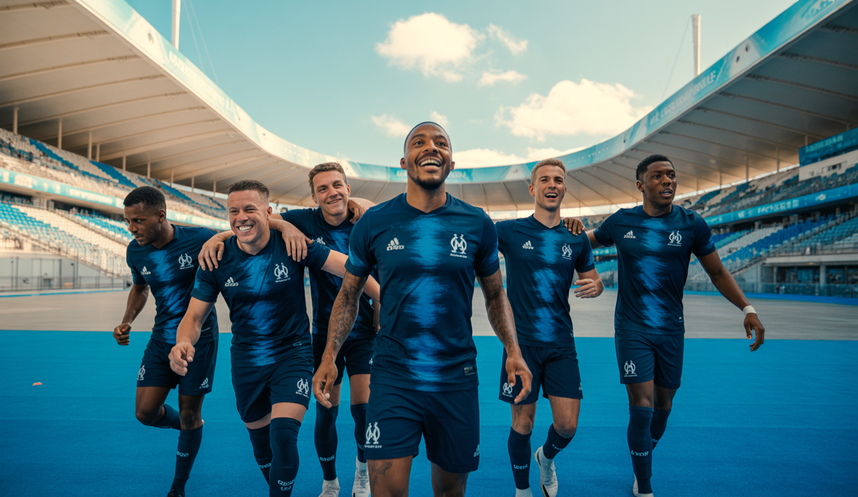 Joueurs de l'Olympique de Marseille célébrant leur intégration réussie durant la saison 2024-2025 dans un stade rempli