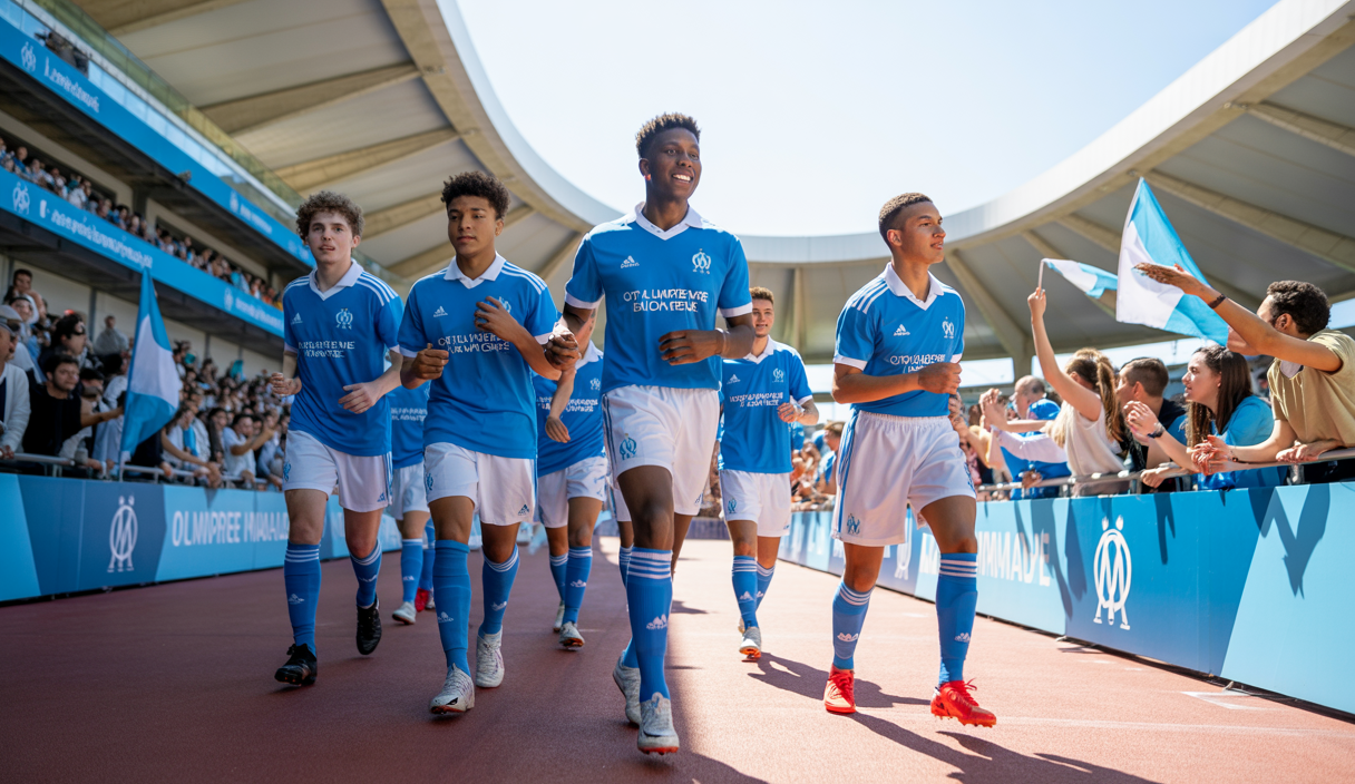 Jeunes talents de l'Olympique de Marseille célébrant leur succès à la Gold Cup et à l'Euro Espoirs, portant les maillots officiels blancs et bleus de l'OM dans un stade dynamique à Marseille.