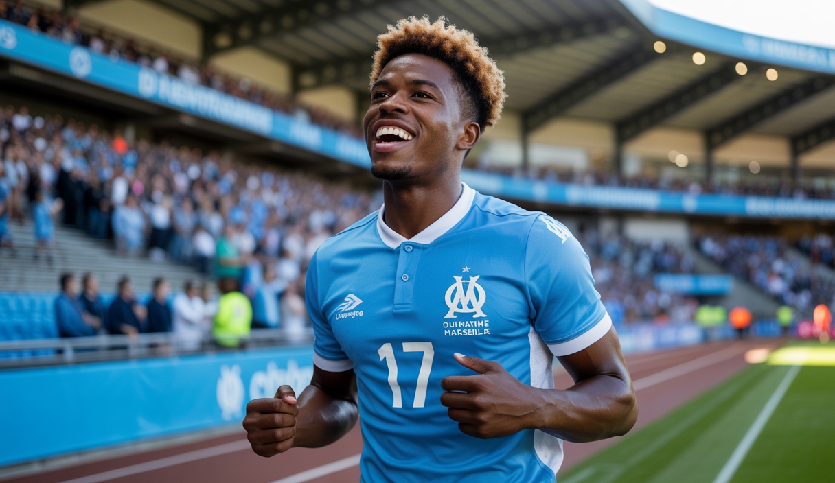 Jonathan Rowe, jeune attaquant anglais de l'Olympique de Marseille, en action avec le maillot bleu et blanc de l'OM, célébrant un but avec l'équipe U21 d'Angleterre en arrière-plan