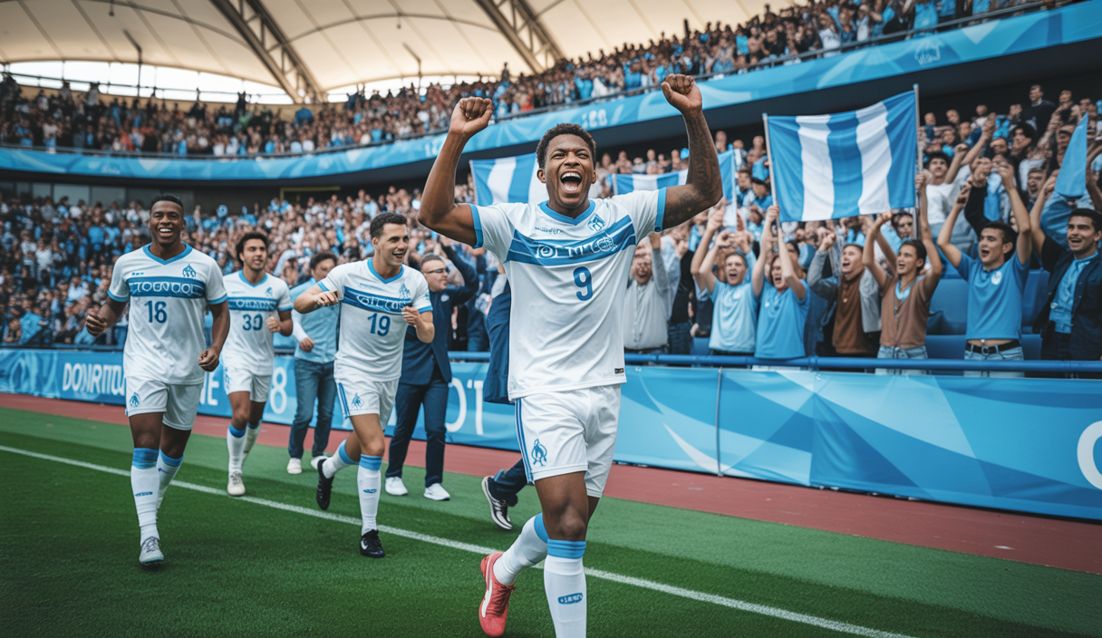 Jonathan Rowe célébrant sa performance pour l'Olympique de Marseille sur le terrain de football