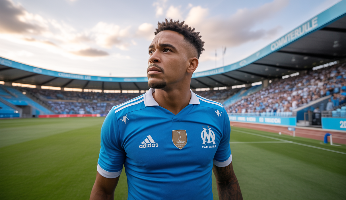Luiz Felipe en tenue de football, exprimant une posture sérieuse sur le terrain lors d'un match, avec un stade de football flou en arrière-plan