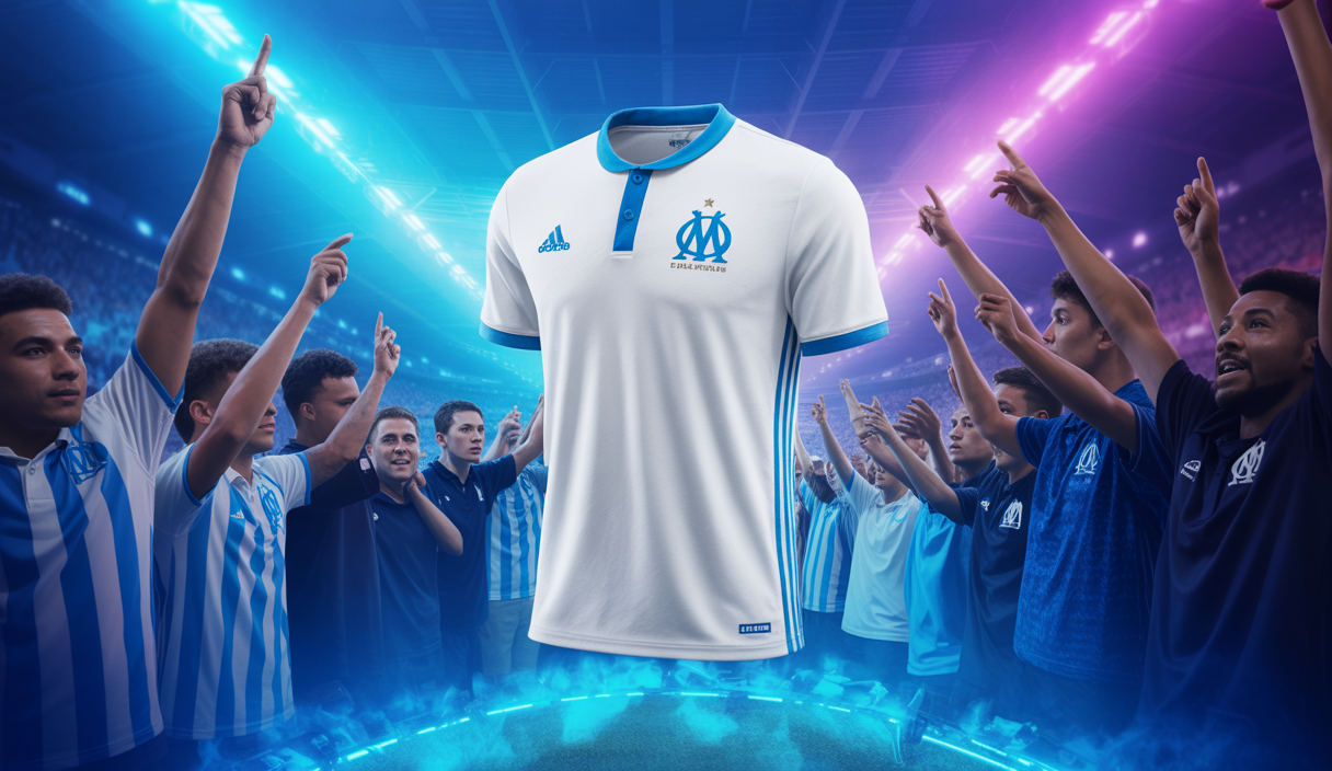 Nouveau maillot domicile de l'Olympique de Marseille pour la saison 2025-2026, avec un design moderne et hommage à l'histoire du club.