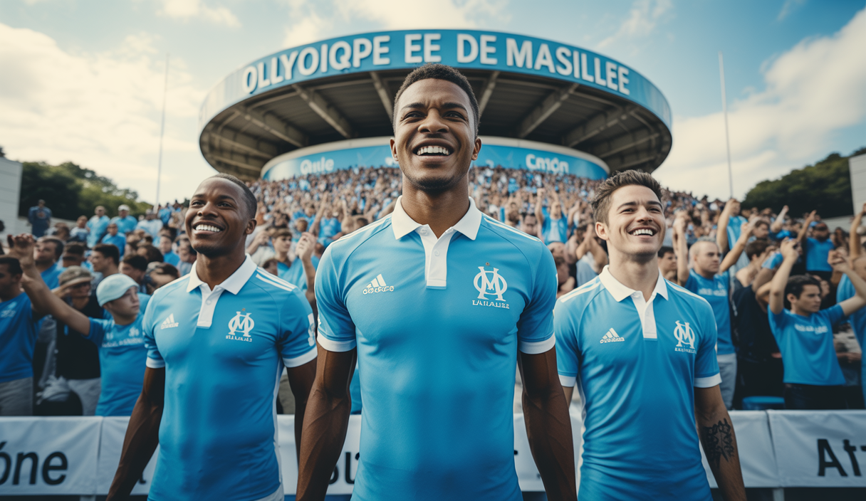 Nouveaux maillots de l'OM 2025-2026 illustrant le renouveau du club
