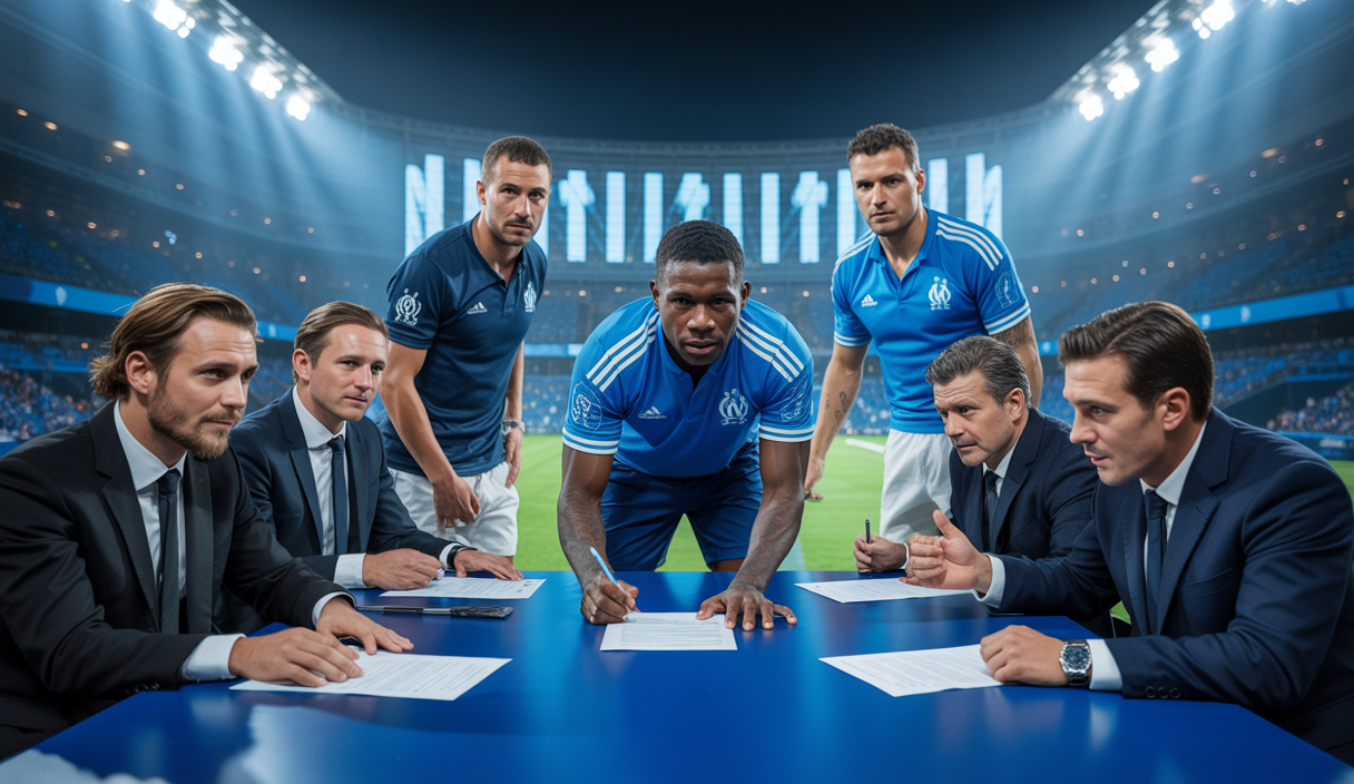 Illustration dynamique du mercato de l'Olympique de Marseille, saison 2025