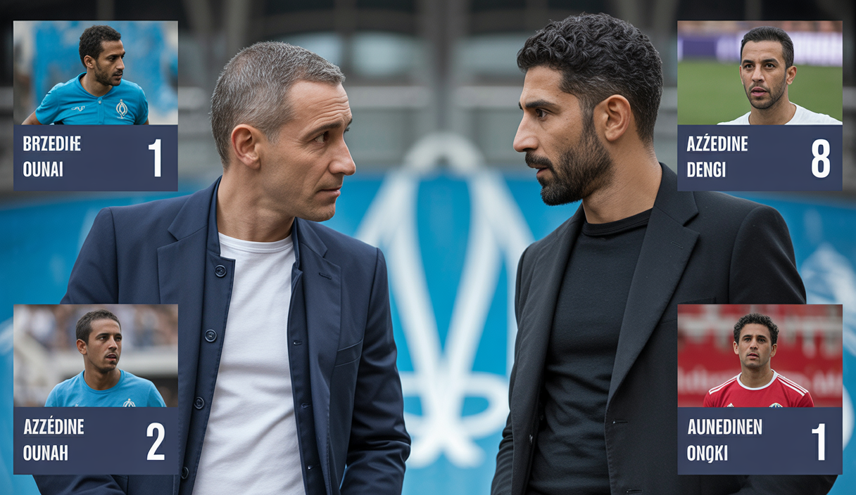 Roberto De Zerbi et Mehdi Benatia discutant du mercato estival à l'Olympique de Marseille avec portraits des joueurs Ounahi, Ndicka et Tudor en arrière-plan