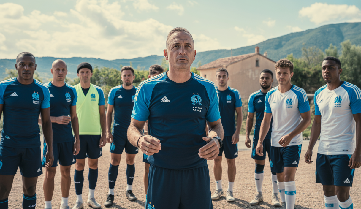 L'équipe de l'Olympique de Marseille en stage de cohésion avant la saison 2025-2026, avec le coach Roberto De Zerbi dirigeant des exercices de groupe dans un cadre provençal naturel