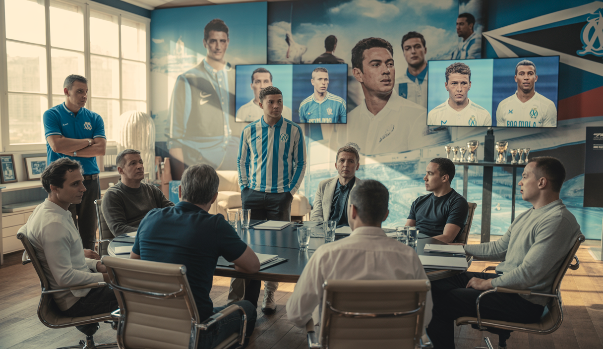 Joueurs et dirigeants de l'Olympique de Marseille en réunion stratégique discutant du recrutement au siège du club, avec des visuels des jeunes joueurs et des profils de recrues affichés en arrière-plan