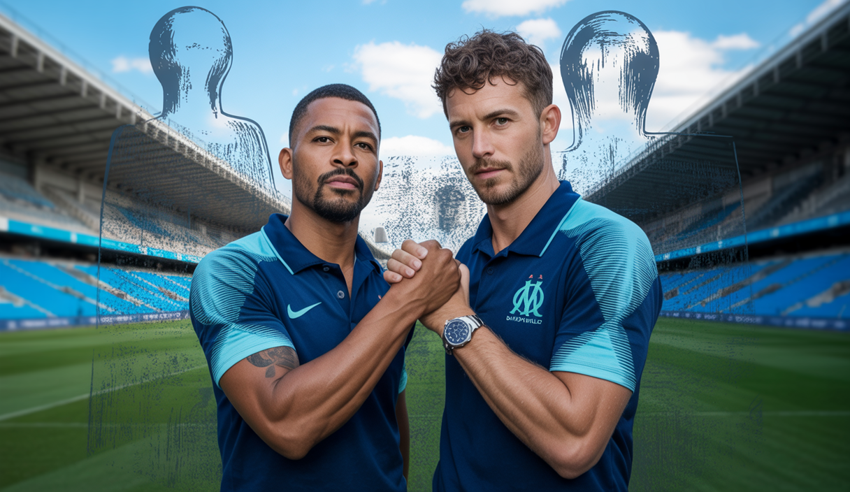 Joueurs de football de l'Olympique de Marseille discutant stratégie
