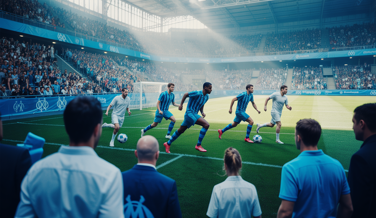 Représentation visuelle de l'Olympique de Marseille au centre de l'attention des clubs européens.