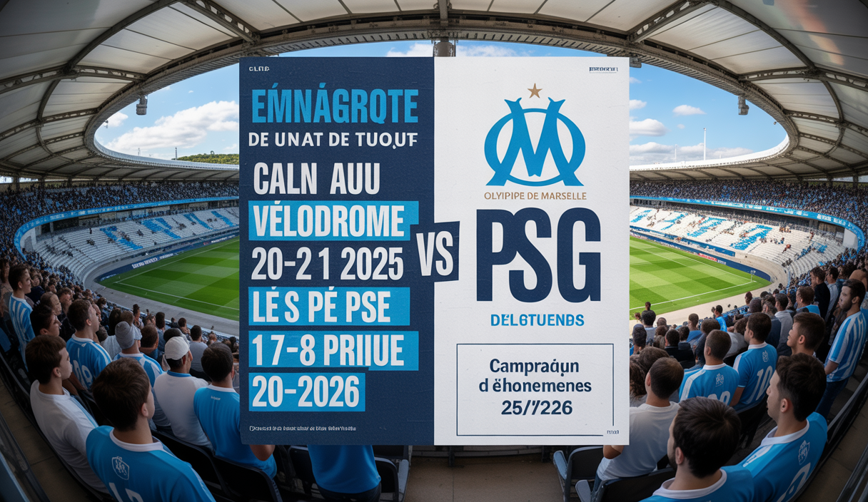Affiche officielle du calendrier 2025-2026 de l'Olympique de Marseille avec la mise en avant du Classique contre le PSG et des informations sur les abonnements pour la saison à venir